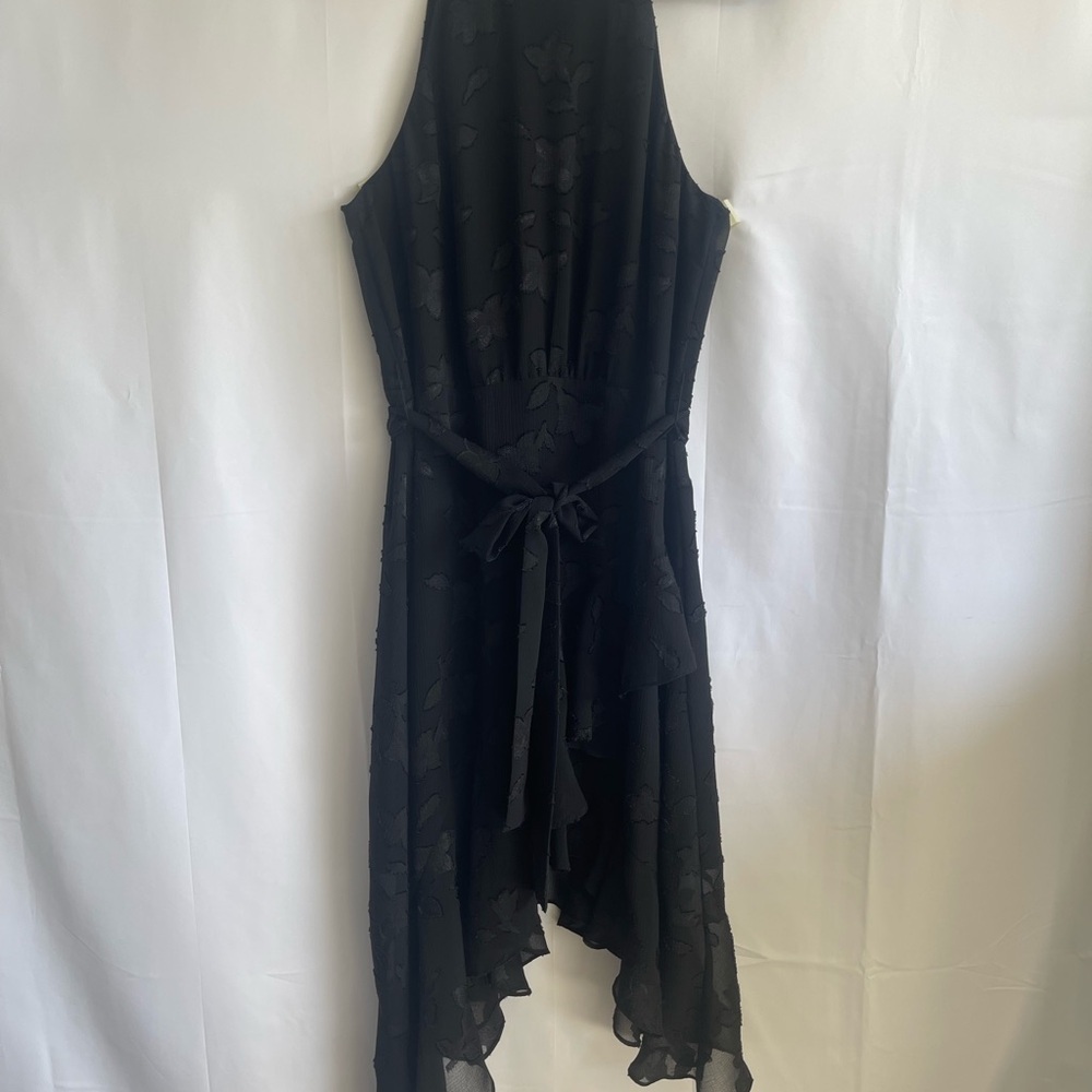 CeCe Black Asymmetrical Floral Tie-Waist Dress